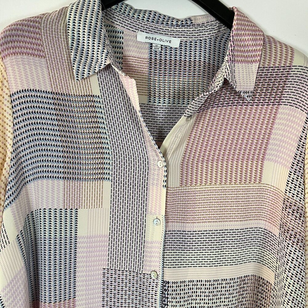 Rose & Olive Button Up Shirt 1X‎ Geometric Pastel 3/4 Sleeve Work Semi Sheer